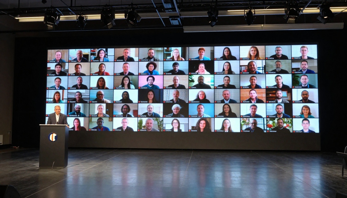 Speaker at a lectern in a webinar studio with a large screen showing an audience grid Speaker at a lectern in a webinar studio with a large screen showing an audience grid