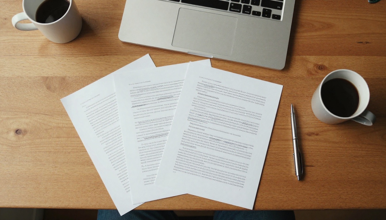 Top-down view of printed PDF pages on a wooden desk
