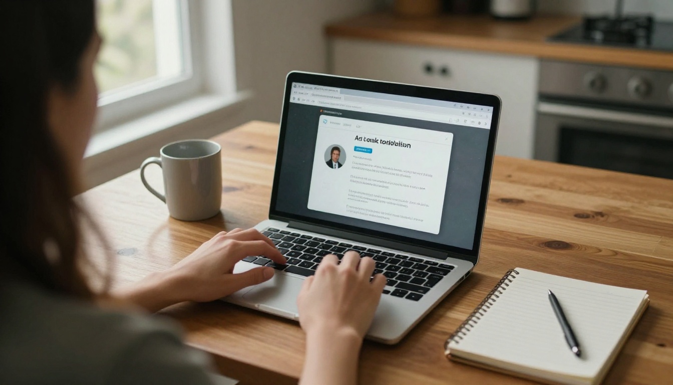 Person at a kitchen table reading a follow-up email with a link on a laptop Person at a kitchen table reading a follow-up email with a link on a laptop