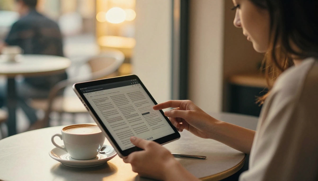 Woman reading a digital booklet on a tablet in a cafe
