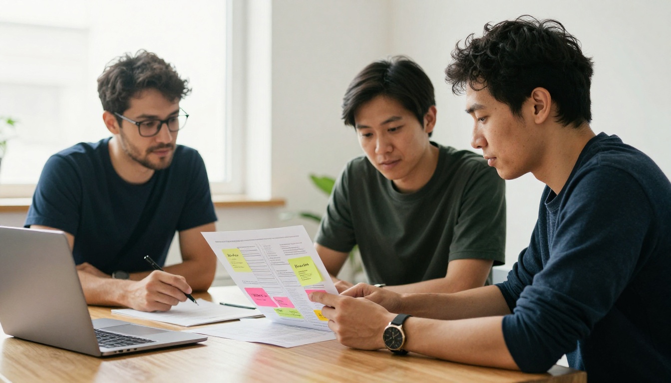 Colleagues reviewing a printed ebook layout with sticky notes