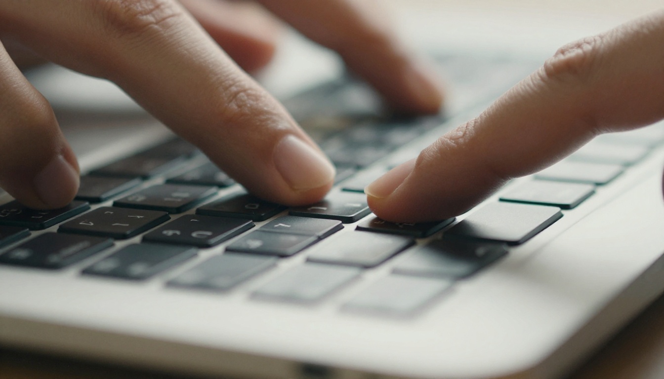 Close-up of fingers pressing a laptop key