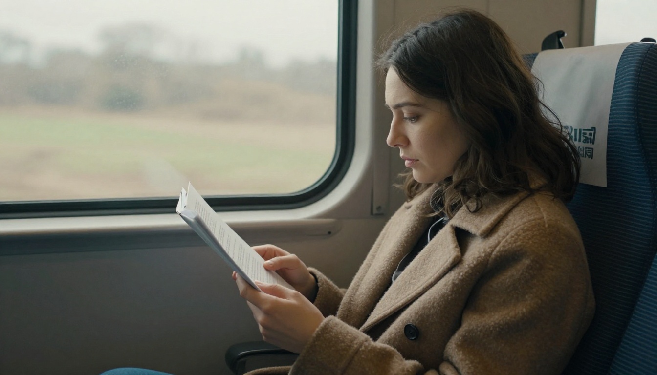 Reader on a train looking at a document on a phone