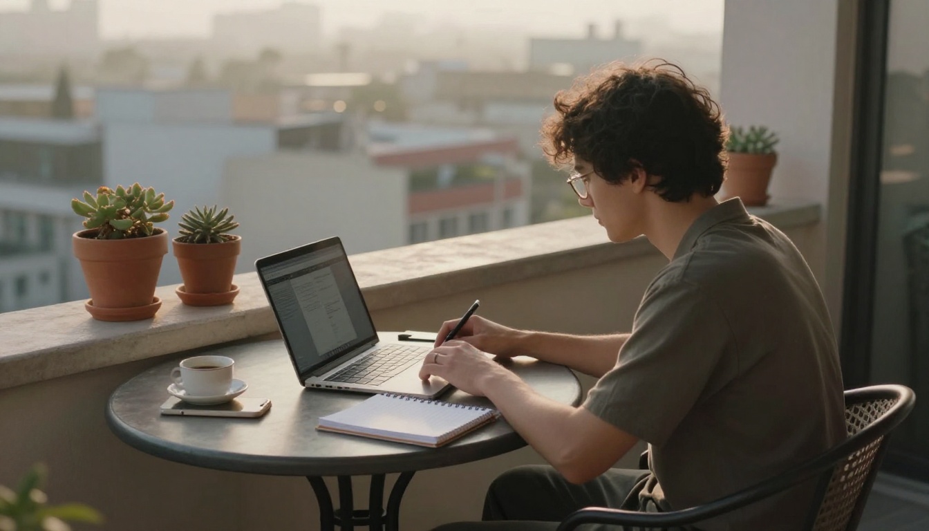 Freelance writer working on a balcony desk with laptop and notebook