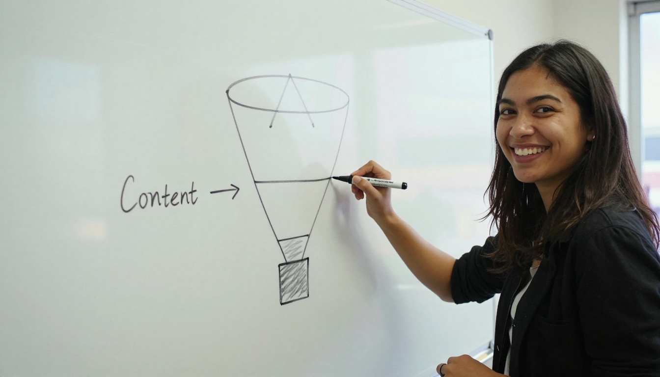 Creator sketching a content funnel on a whiteboard