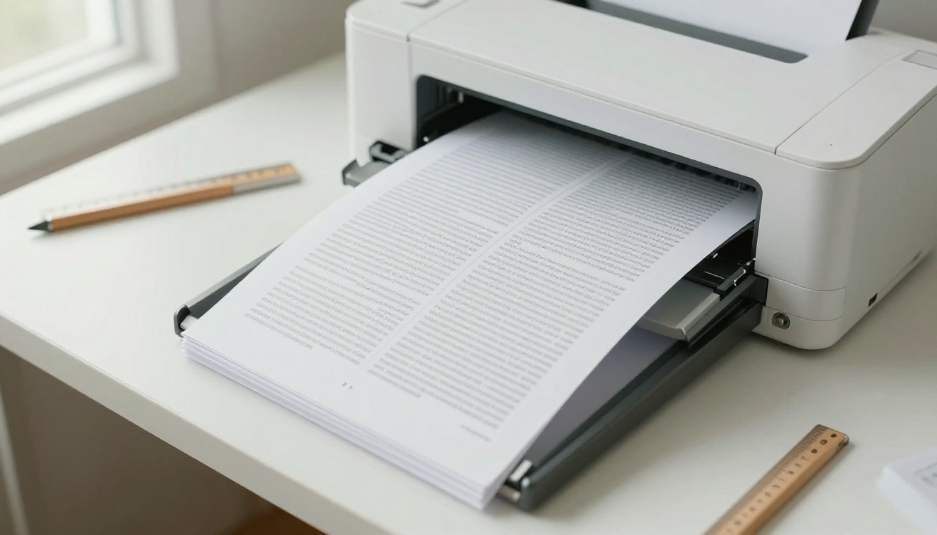 Printed double-sided sheets resting in a printer tray on a clean desk
