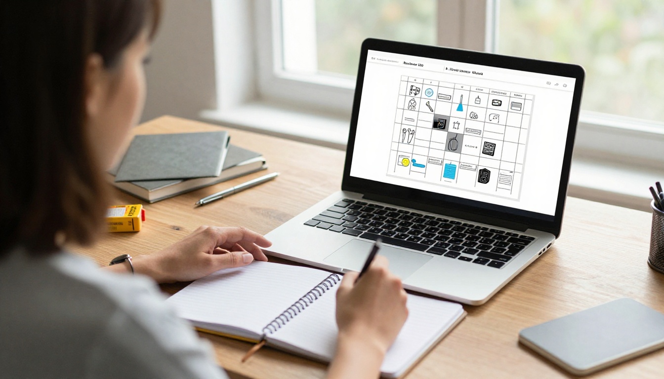 Woman planning a product catalog layout on a laptop with a sketch notebook
