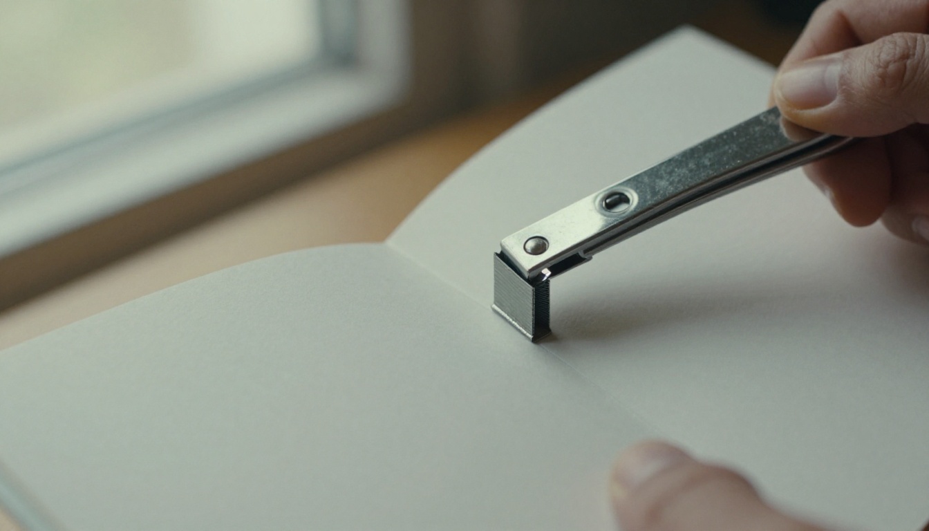 Long-arm stapler fastening the spine of a folded booklet