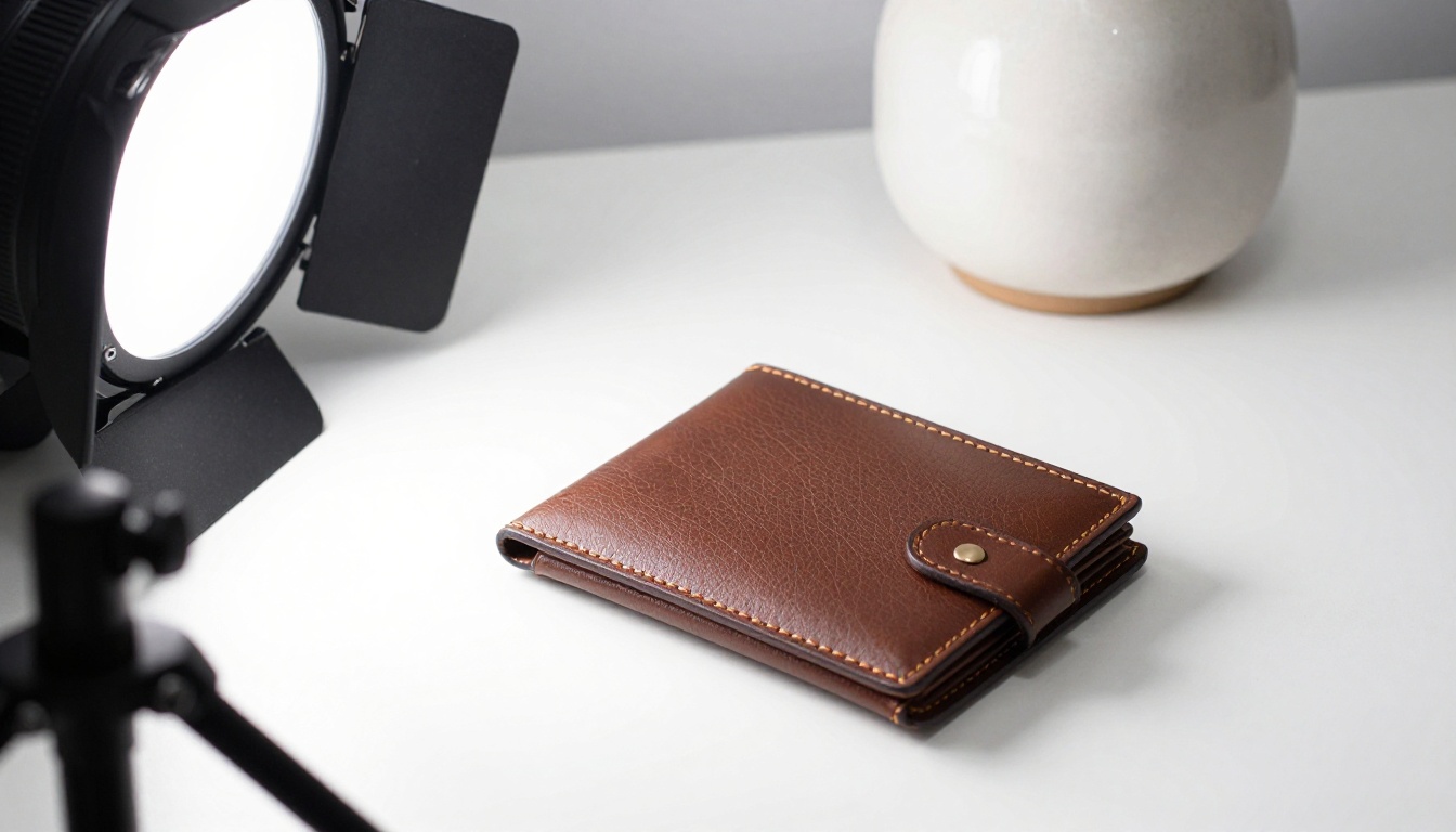 Photographer's tabletop setup with a leather wallet and ceramic vase on white paper