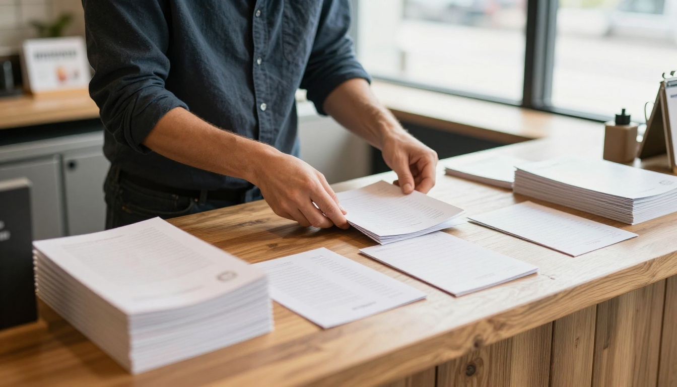 Business owner arranging finished booklets on a wooden counter in a café