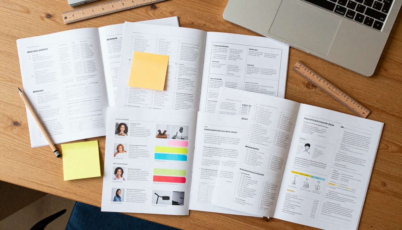 Aerial view of printed catalog page layouts spread on a wooden desk