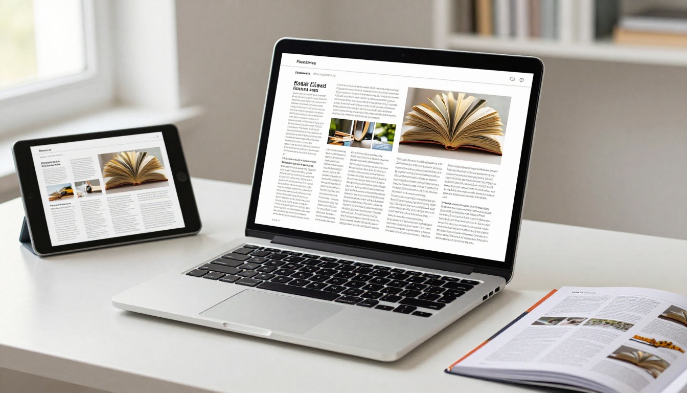 Laptop and tablet both displaying the same digital flipbook next to a printed booklet