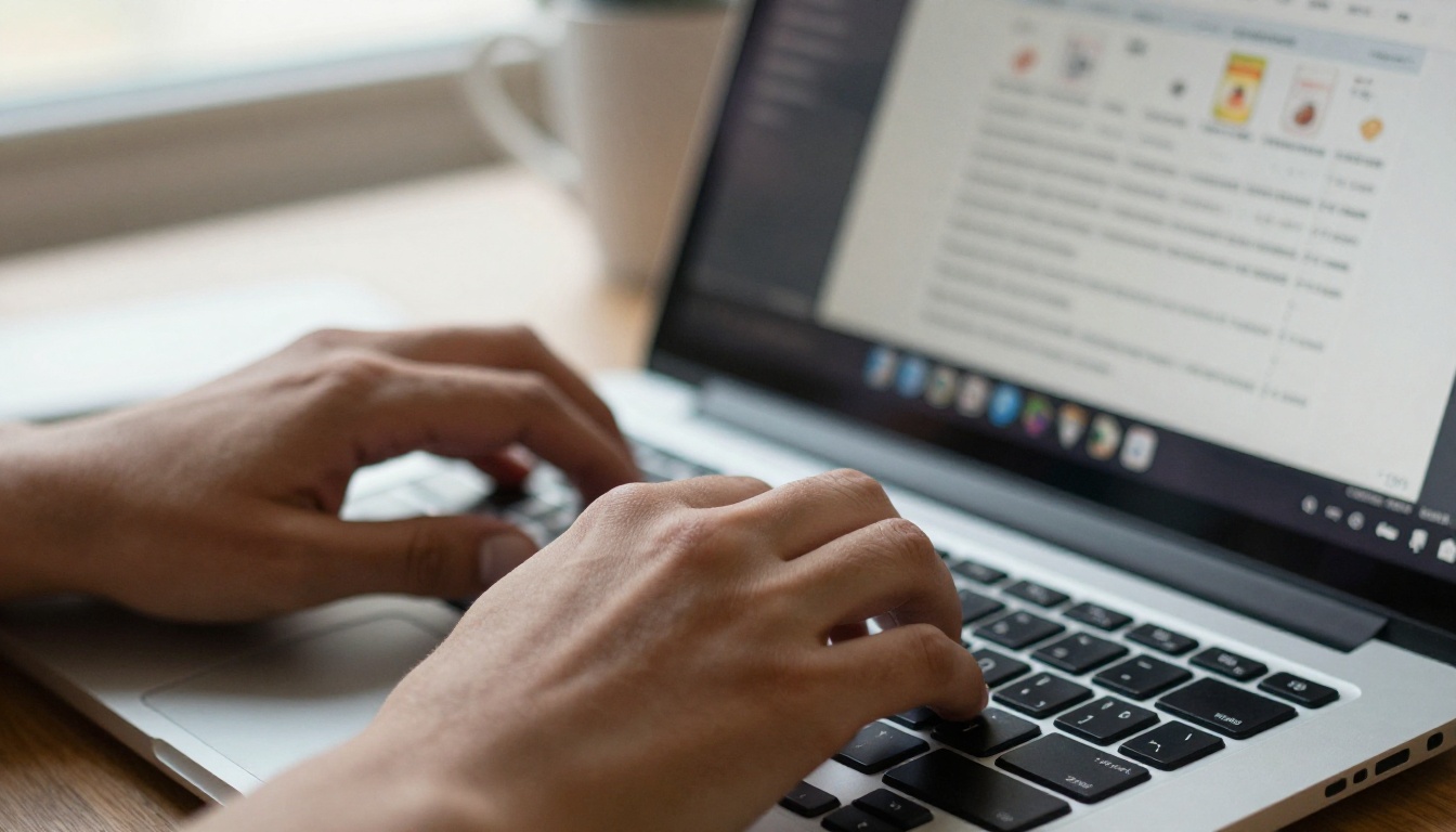Hands typing on a laptop with a product table open in a word processor