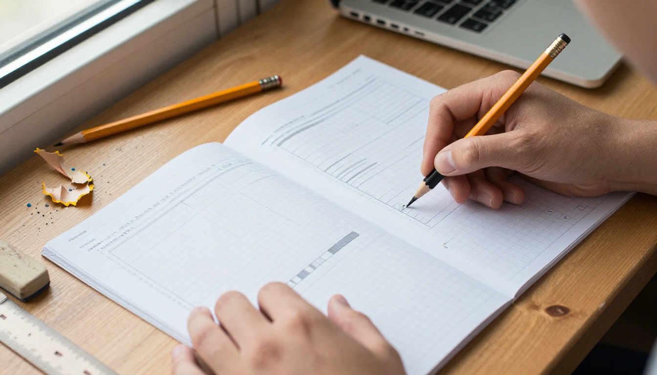 Student hands sketching a magazine page layout on graph paper beside a laptop Student hands sketching a magazine page layout on graph paper beside a laptop