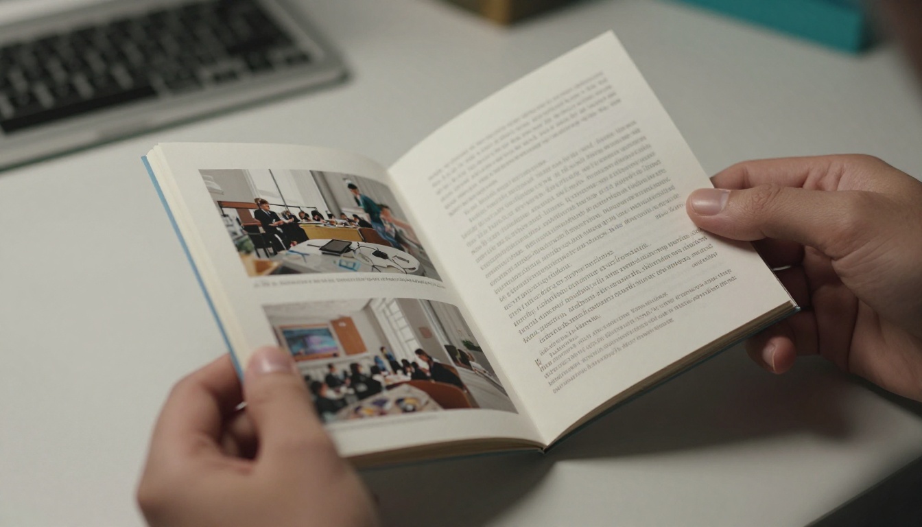 Hands holding a finished folded booklet open to the inner pages