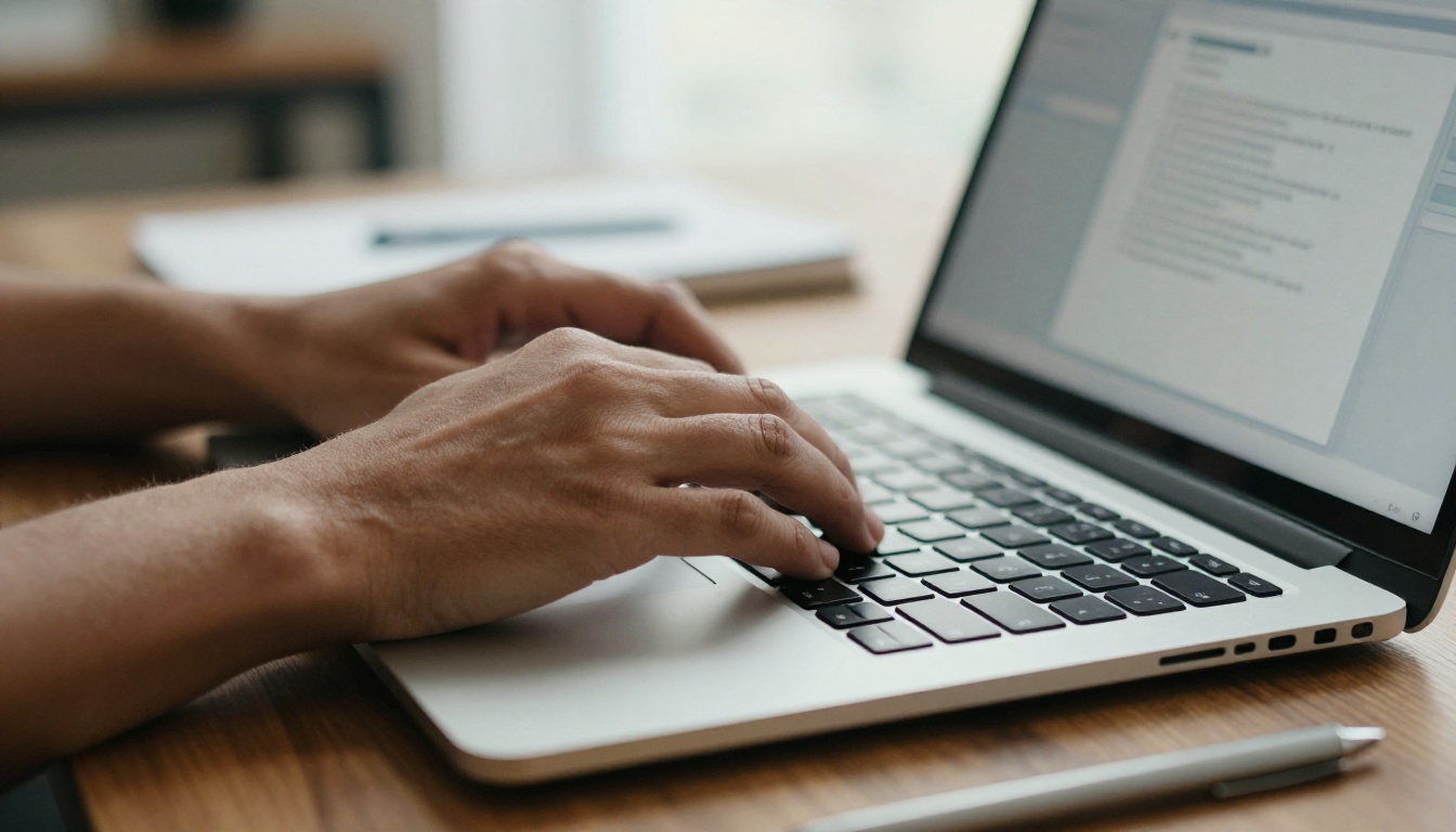 Designer hands working on layout software at a wooden desk Designer hands working on layout software at a wooden desk