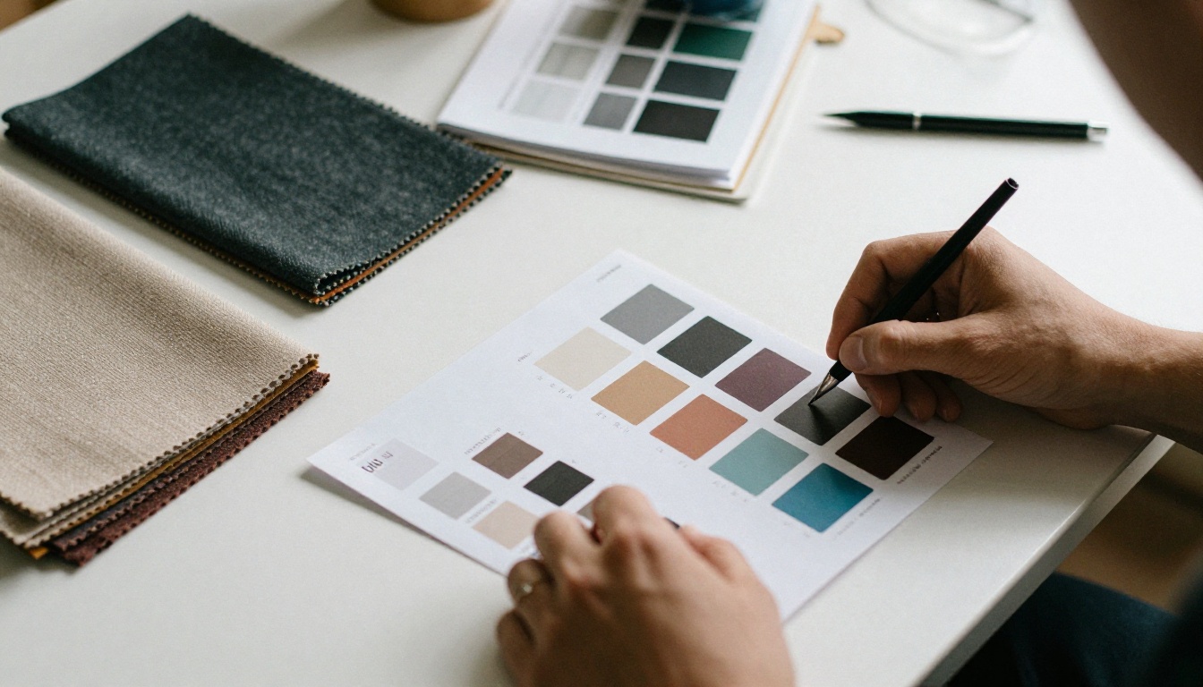 Designer selecting color swatches and a font specimen book at a studio table