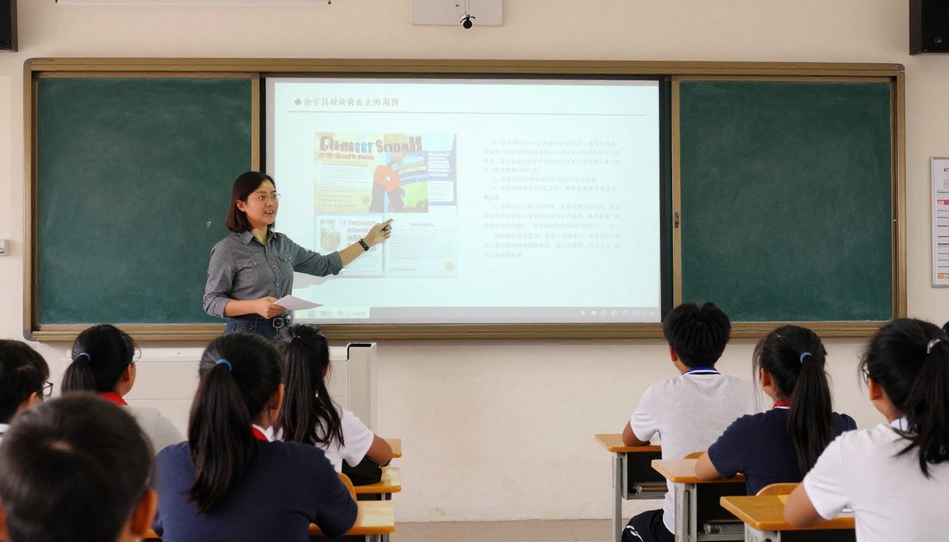Teacher presenting a projected slide deck of a school magazine to seated students Teacher presenting a projected slide deck of a school magazine to seated students