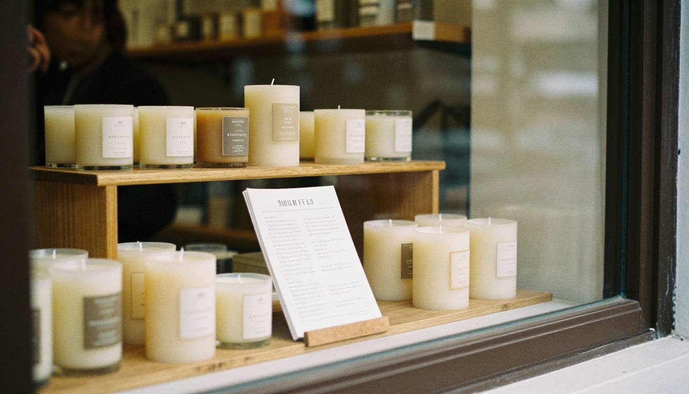 Boutique owner arranging handmade candles on a wooden shelf with a catalog on the counter