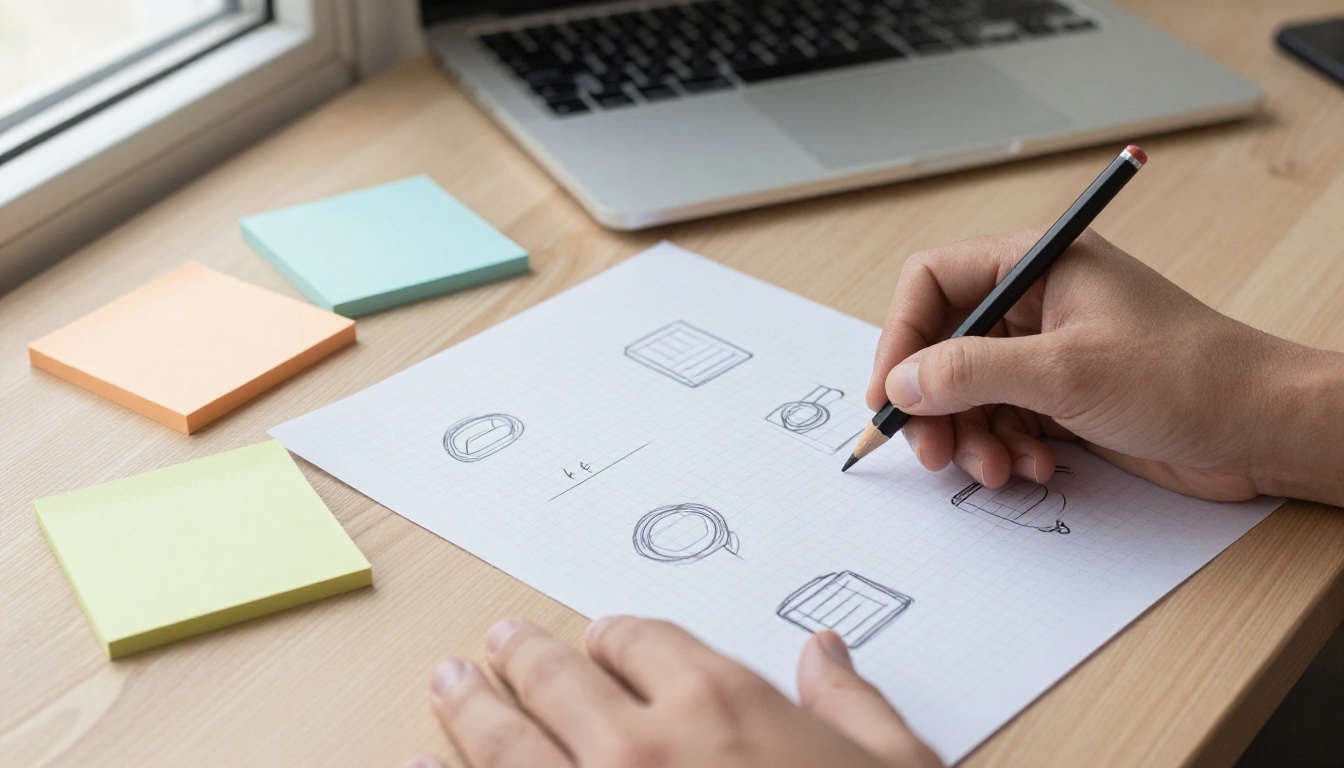 Person sketching an ebook outline on grid paper beside a laptop