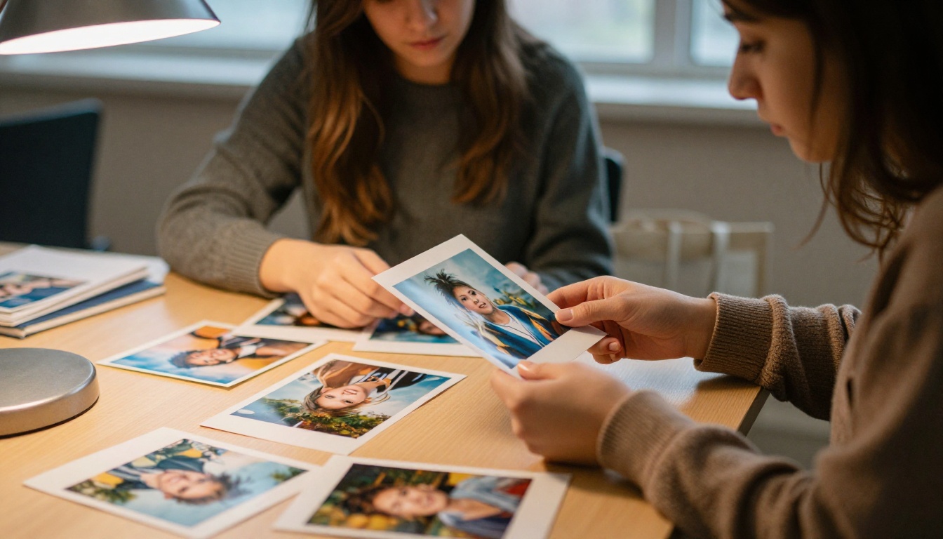 Two students choosing printed photographs at a library table Two students choosing printed photographs at a library table