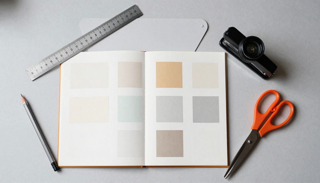 Flat-lay of a ruler, bone folder, stapler and paper samples on a grey surface