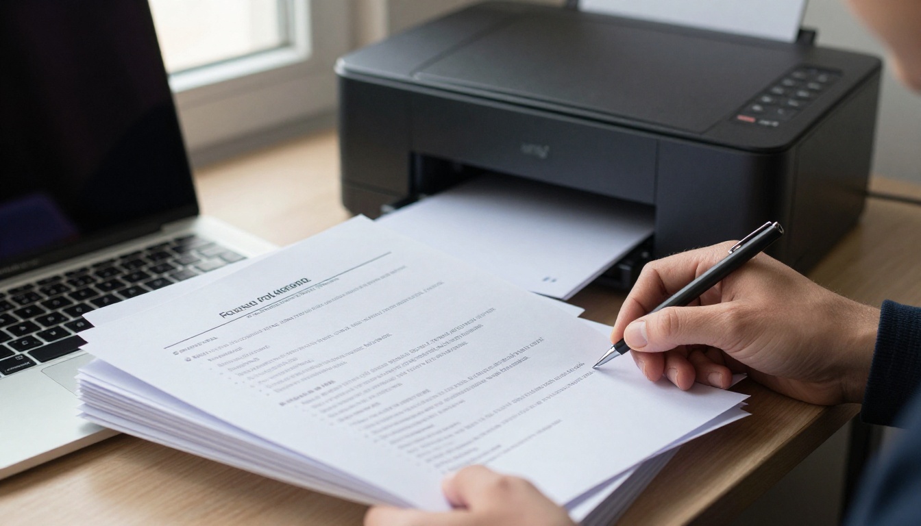 Stack of printed catalogs beside a laptop exporting a document