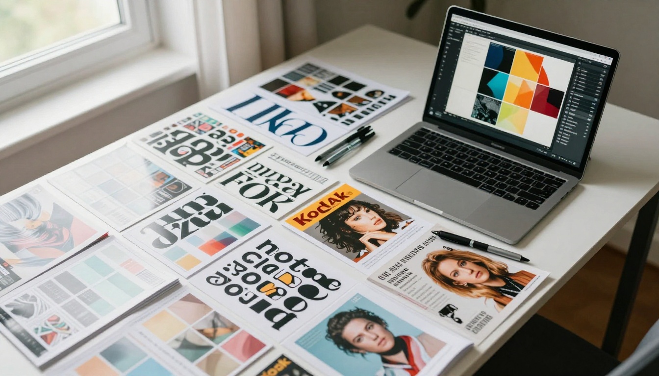Flat lay of printed magazine pages, color swatches and a tablet displaying a slide editor Flat lay of printed magazine pages, color swatches and a tablet displaying a slide editor