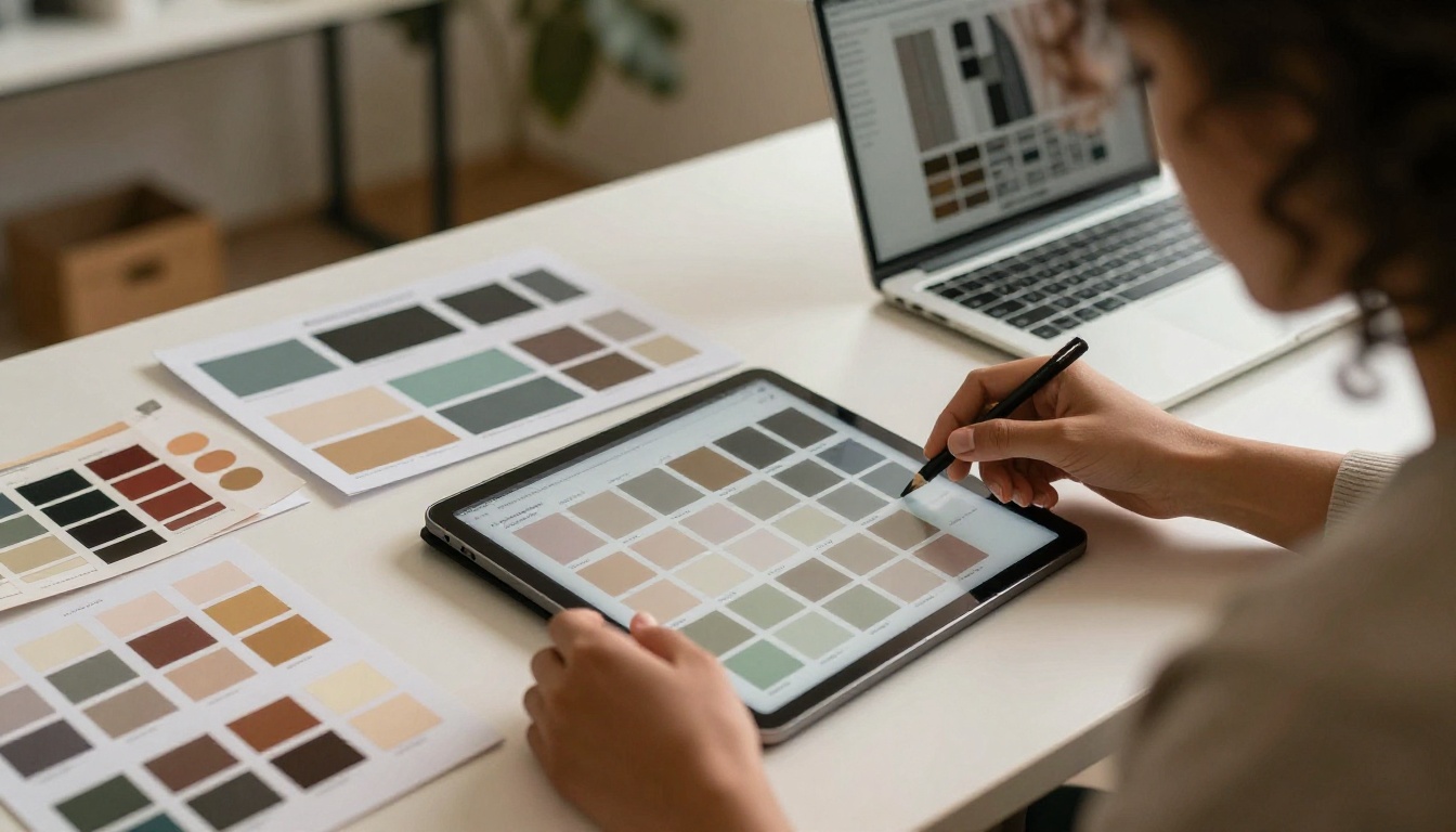 Designer comparing color swatches and font prints at a desk