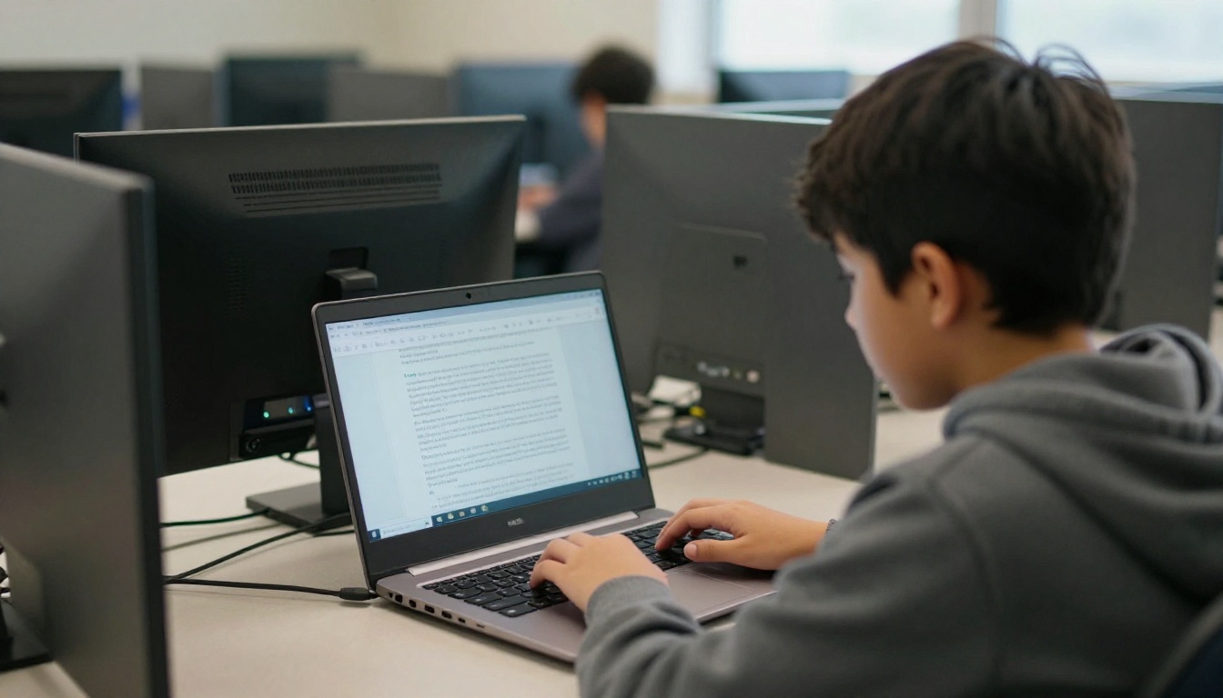 Student typing an article on a laptop in a school computer lab Student typing an article on a laptop in a school computer lab