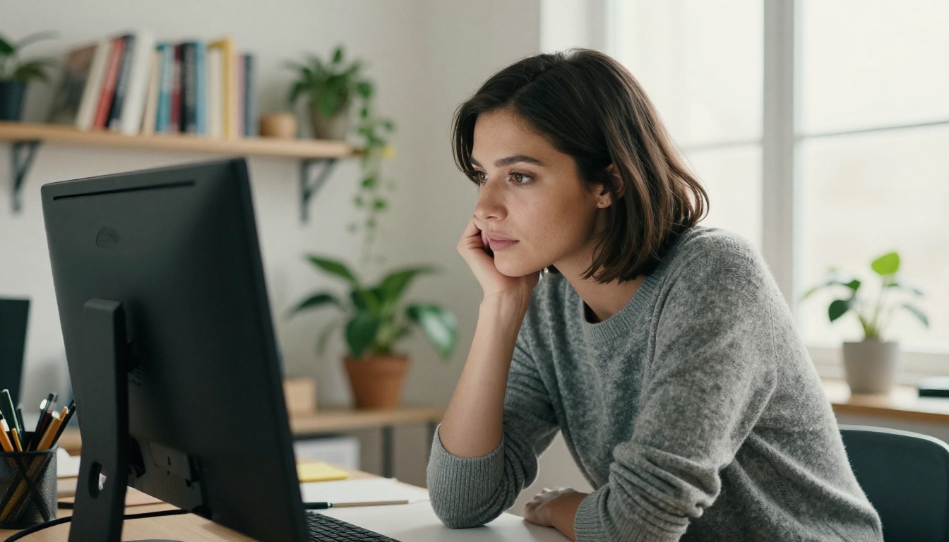 Woman designer reviewing a layout on a monitor in a bright studio Woman designer reviewing a layout on a monitor in a bright studio