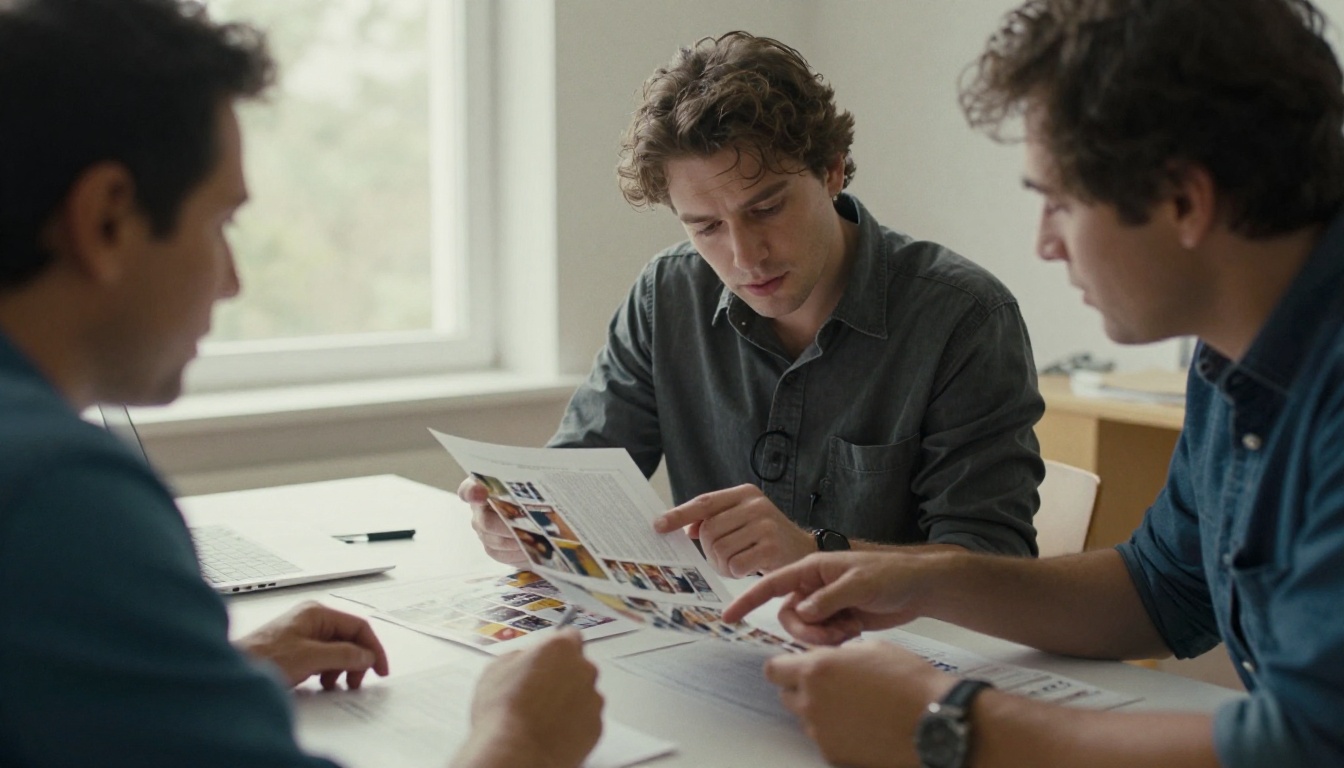 Two colleagues reviewing a printed catalog proof together at a meeting table