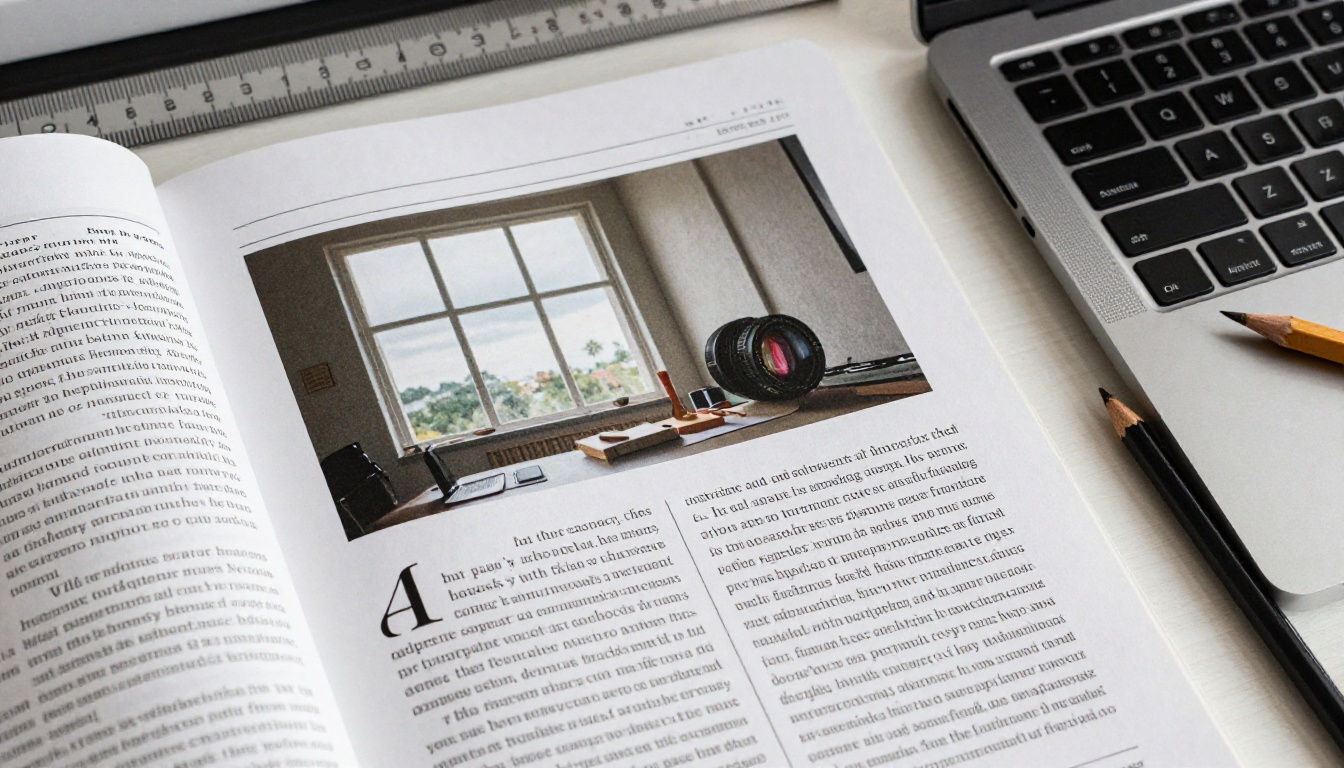 Printed ebook spread beside a laptop showing layout editing