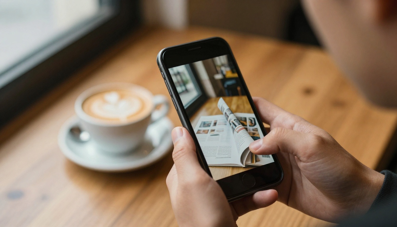 Person holding a phone showing a blurred digital magazine in a café Person holding a phone showing a blurred digital magazine in a café