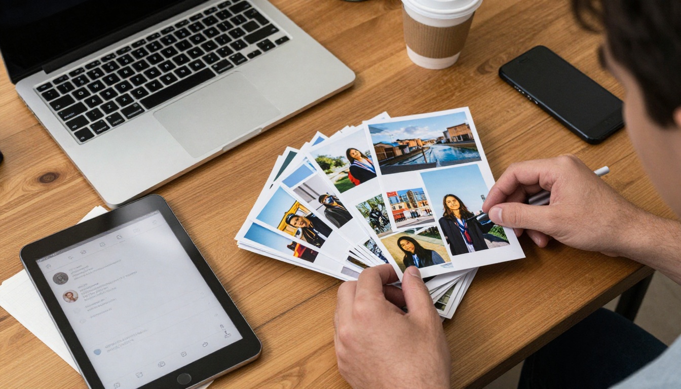 Hands arranging printed photographs on a desk beside a laptop