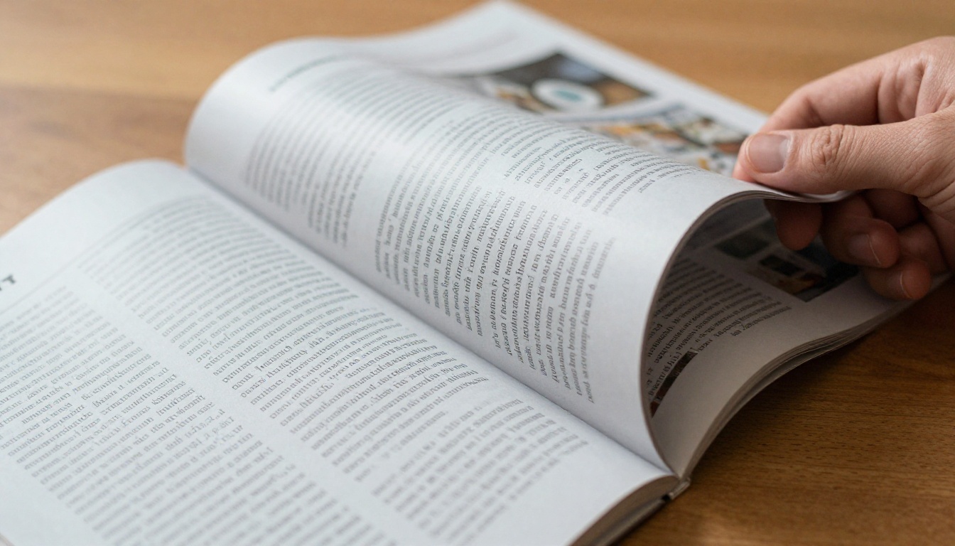 A hand flipping a printed magazine spread on a wooden desk A hand flipping a printed magazine spread on a wooden desk