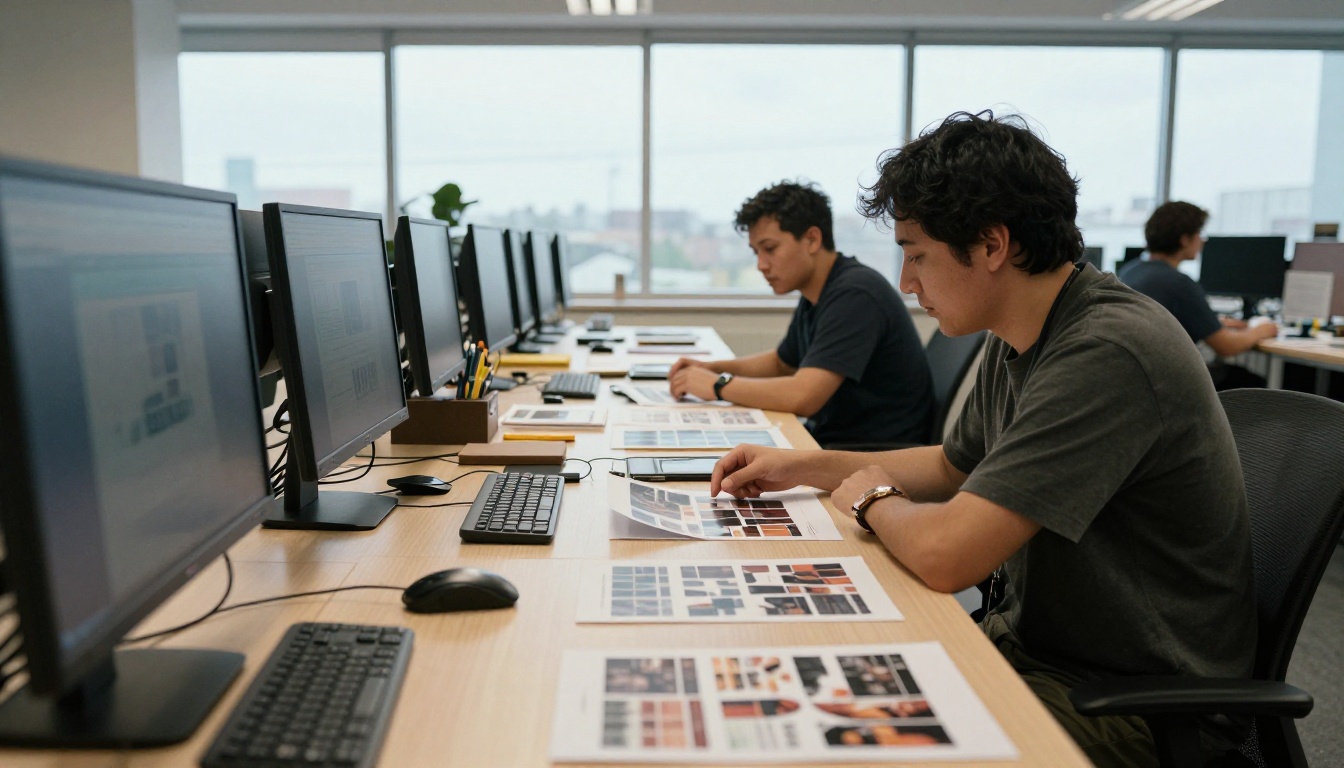 Two colleagues reviewing a printed catalog at a long table Two colleagues reviewing a printed catalog at a long table