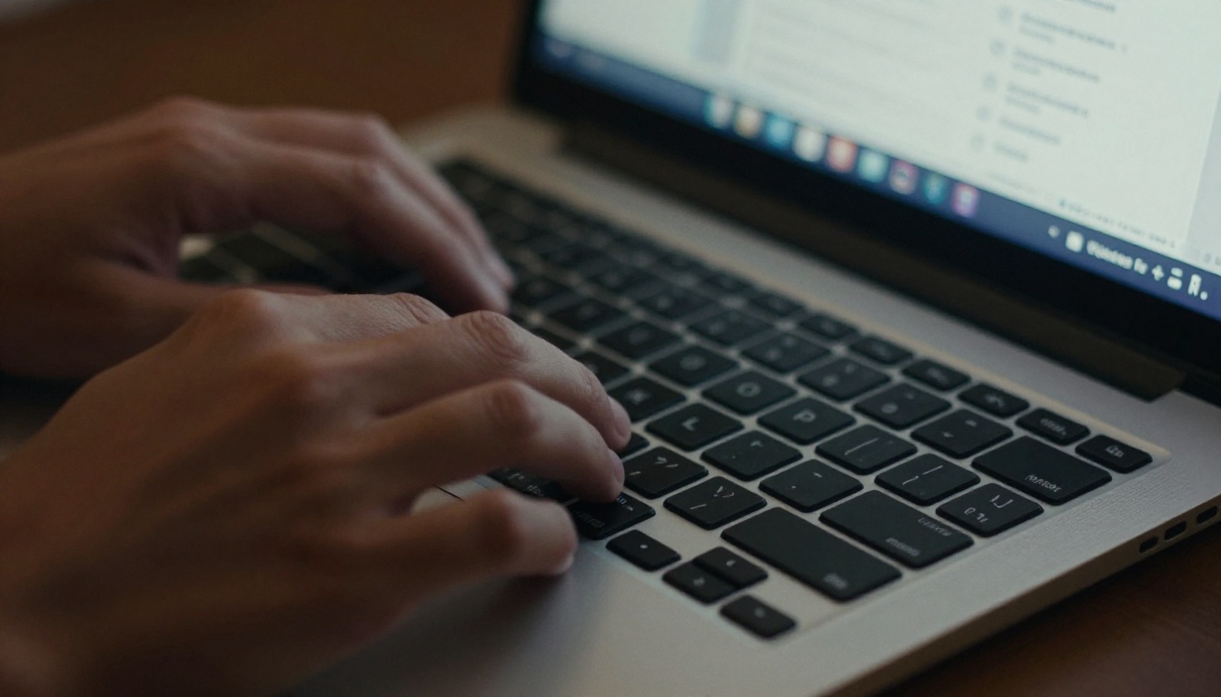 Hands clicking the File menu in Keynote on a MacBook Hands clicking the File menu in Keynote on a MacBook