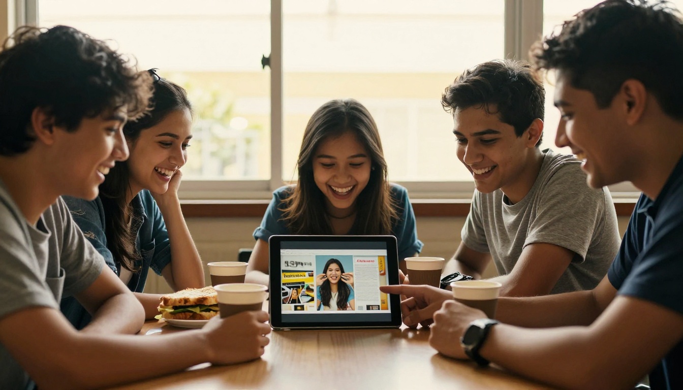 Students laughing around a tablet showing a digital magazine at a cafeteria table Students laughing around a tablet showing a digital magazine at a cafeteria table