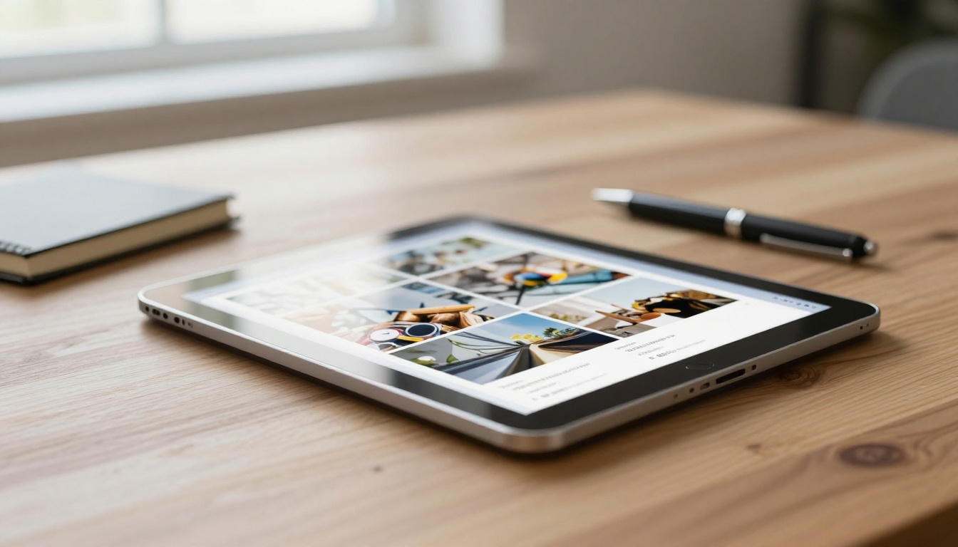 Tablet on a wooden table showing a digital brochure Tablet on a wooden table showing a digital brochure