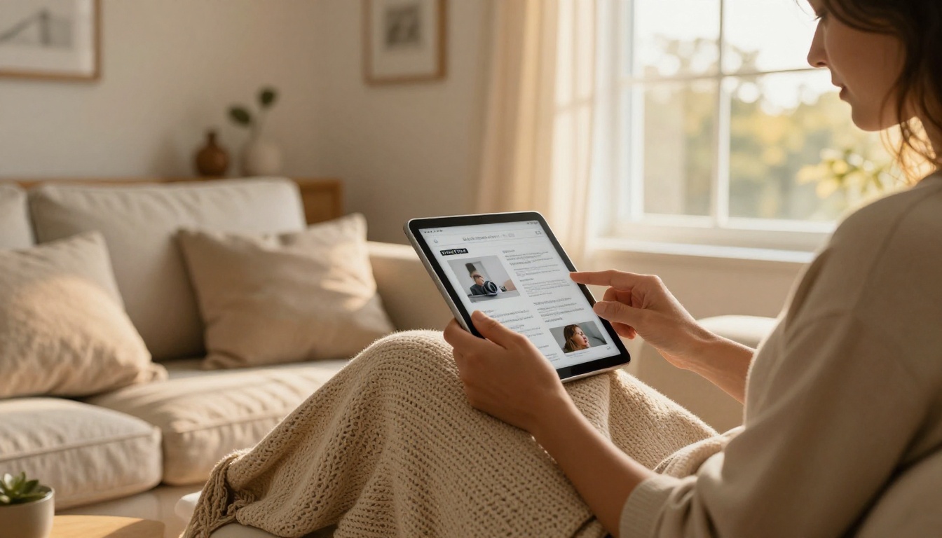 Reader enjoying a digital flipbook on a tablet on a sofa