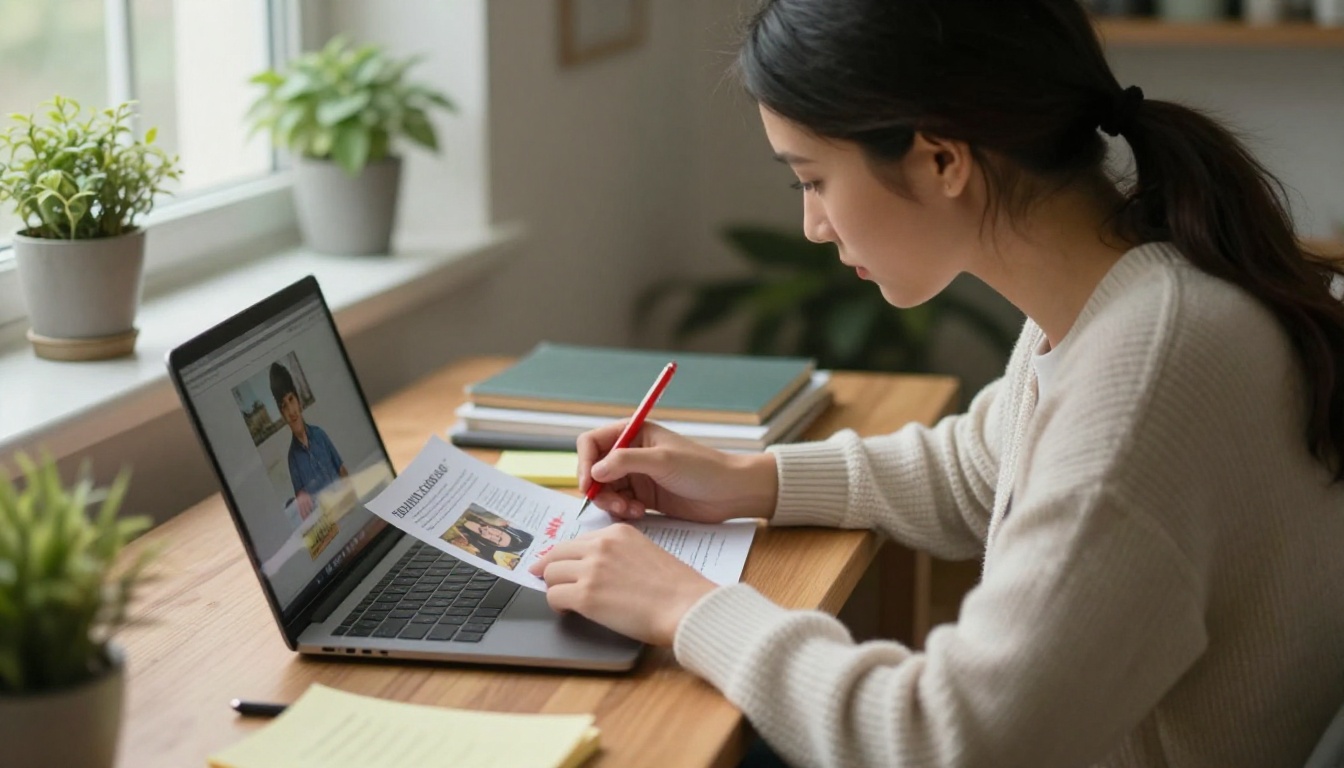 Young teacher reviewing a student's magazine draft on a laptop at her desk Young teacher reviewing a student's magazine draft on a laptop at her desk