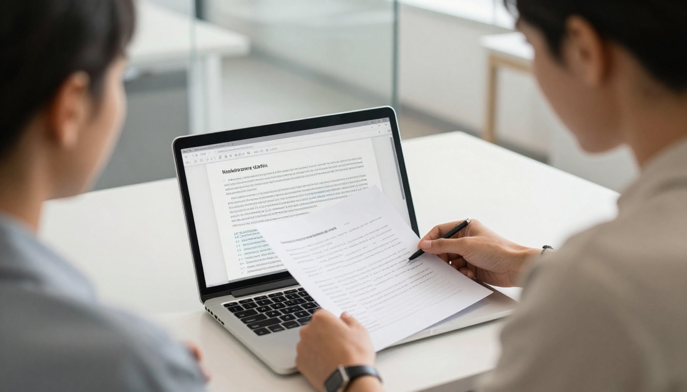 Two colleagues reviewing an ebook proof in an office