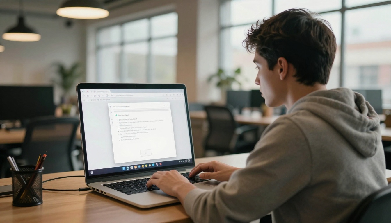Man uploading a PDF file in a browser at a coworking space Man uploading a PDF file in a browser at a coworking space