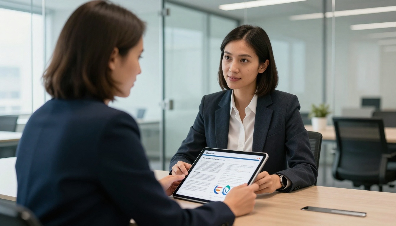 Marketing manager reviewing a digital brochure on an iPad Marketing manager reviewing a digital brochure on an iPad