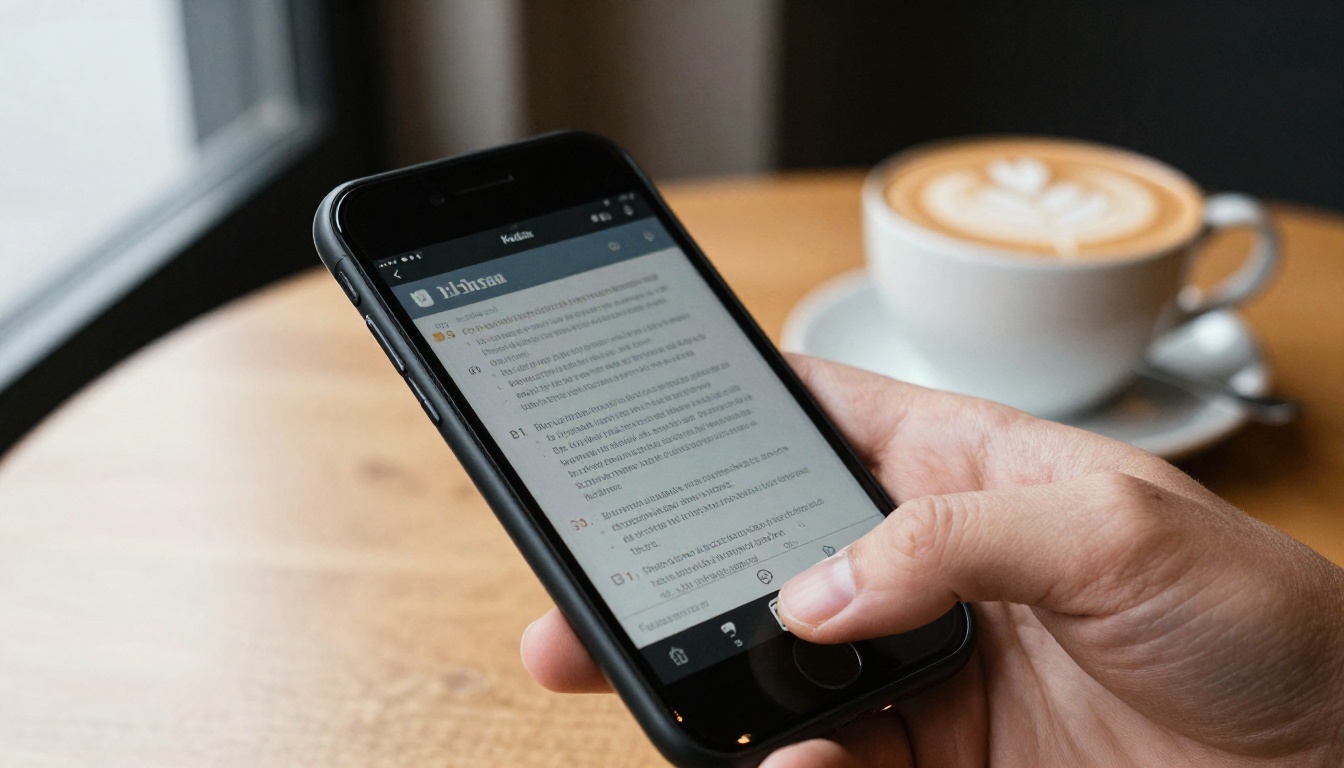 Hand holding a smartphone showing a digital booklet Hand holding a smartphone showing a digital booklet
