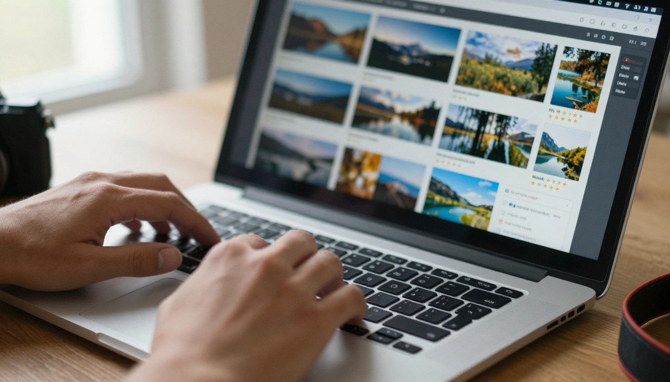Photographer's hands browsing a photo library on a laptop