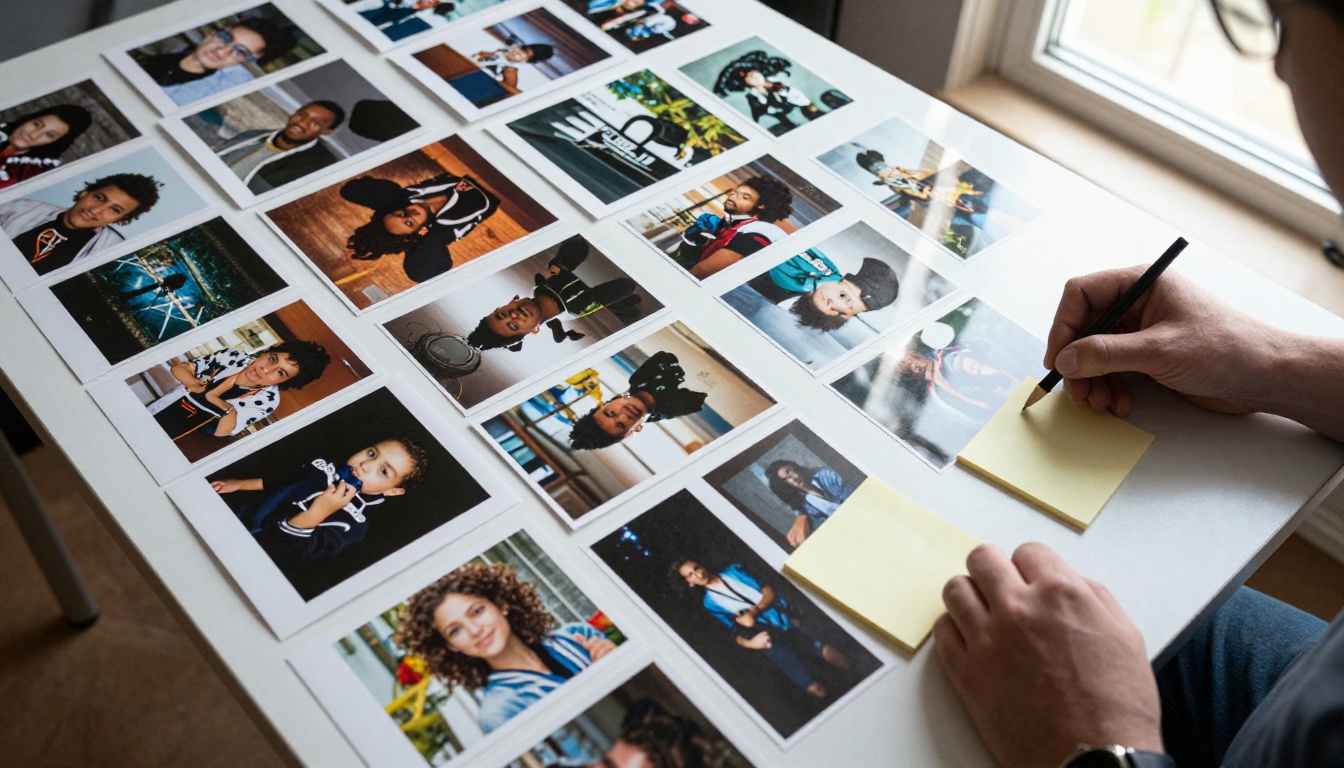 Printed contact sheets arranged on a table from above