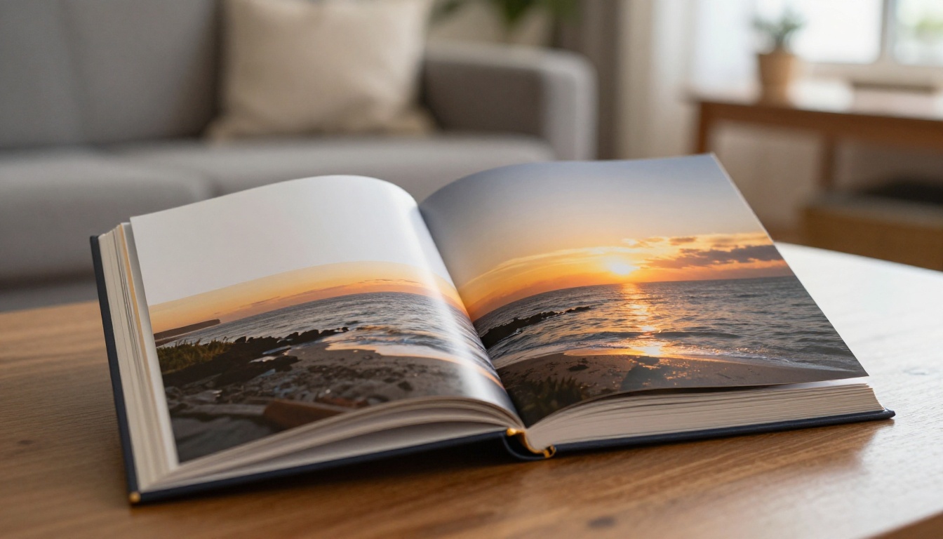 An open photo book with a full page coastal sunset image