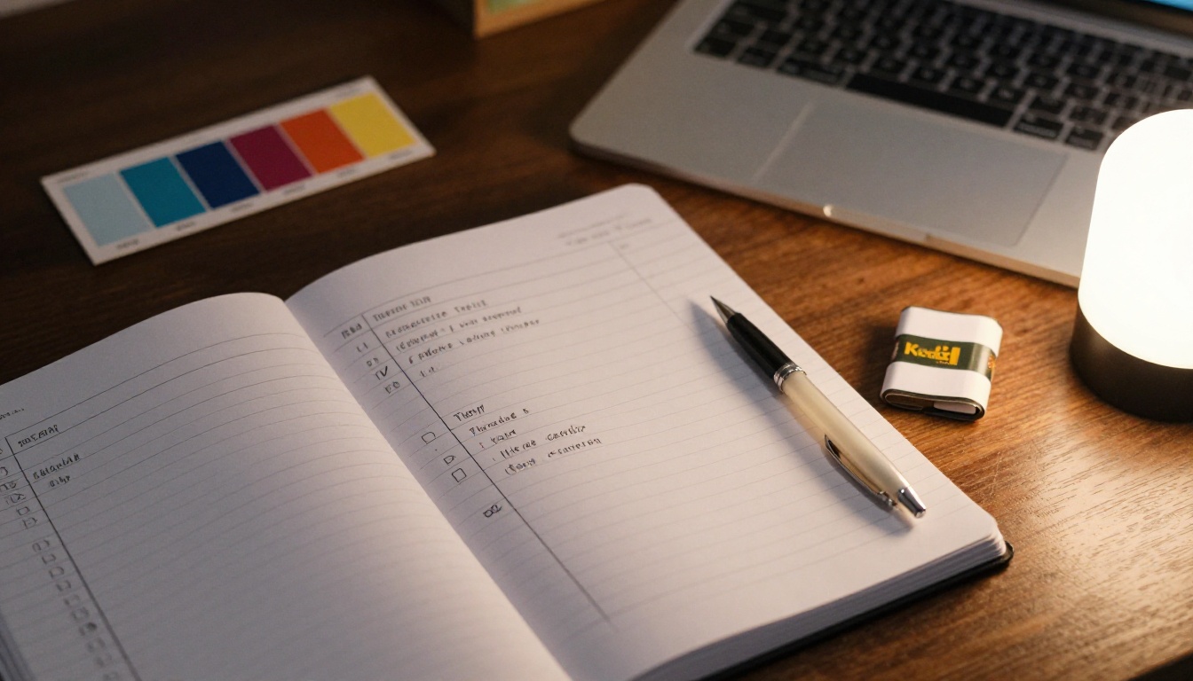 A desk with a printed checklist and notebook A desk with a printed checklist and notebook